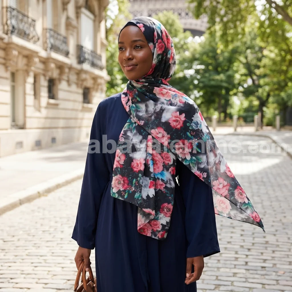 Hijab mousseline imprimé Collection Lilia HMIT01 2 Détail du tissu et de l'imprimé floral du hijab mousseline