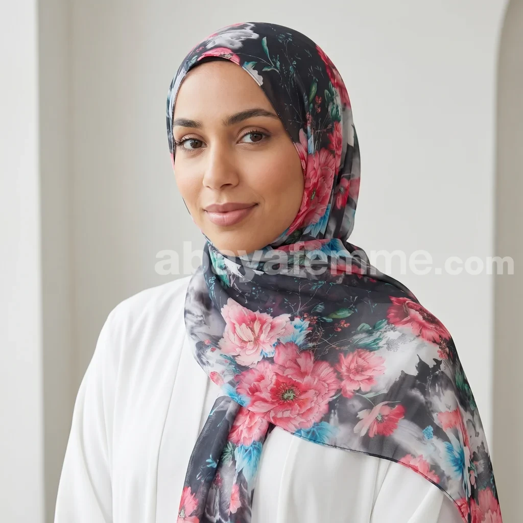 Hijab mousseline imprimé Collection Lilia HMIT01 3 Hijab mousseline imprimé porté pour un look élégant