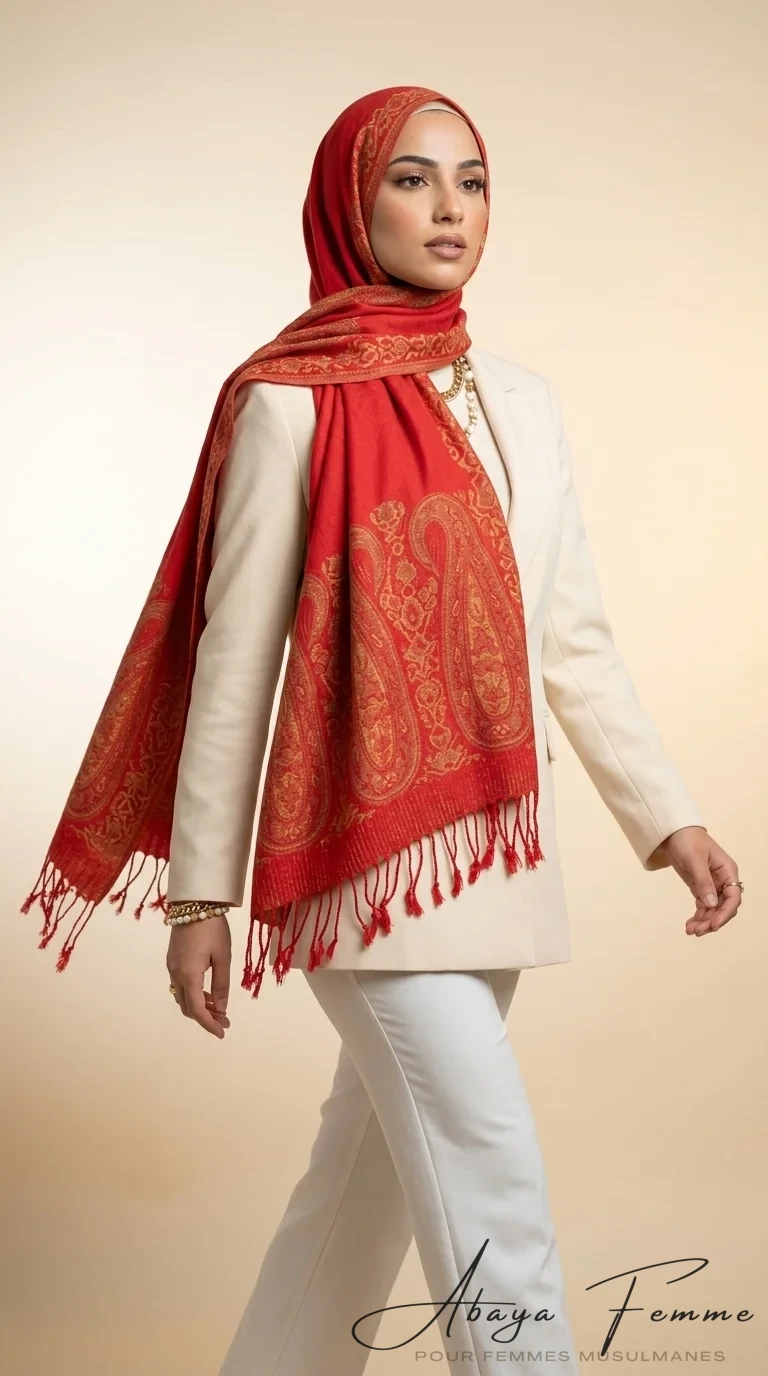 Pashmina Imprimé Rouge Rectangulaire Collection Classic PC08 - Minimal Photo - Model Style: Hijabi