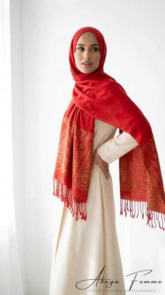 Pashmina bedruckt Rot rechteckig Collection Classic PC08 - Studio-Foto - Model-Stil: Hijabi