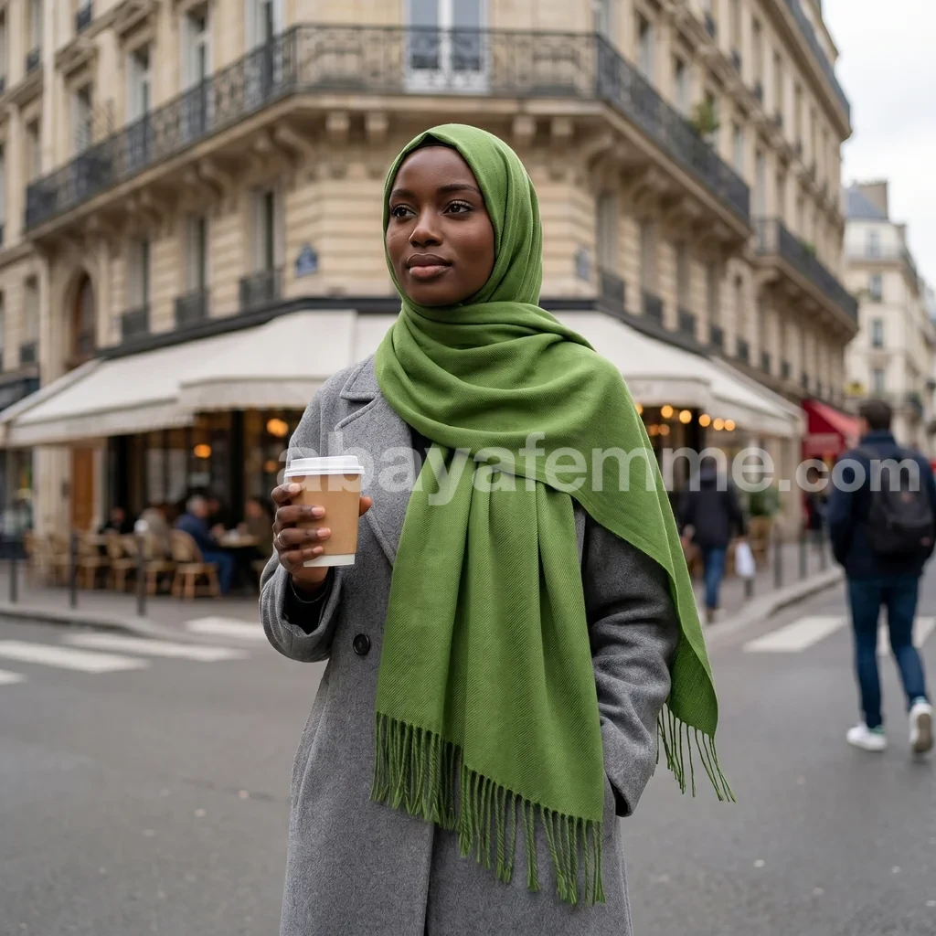 Pashmina Collection Basic Vert 2 Détail de la texture et des franges du pashmina vert emeraude