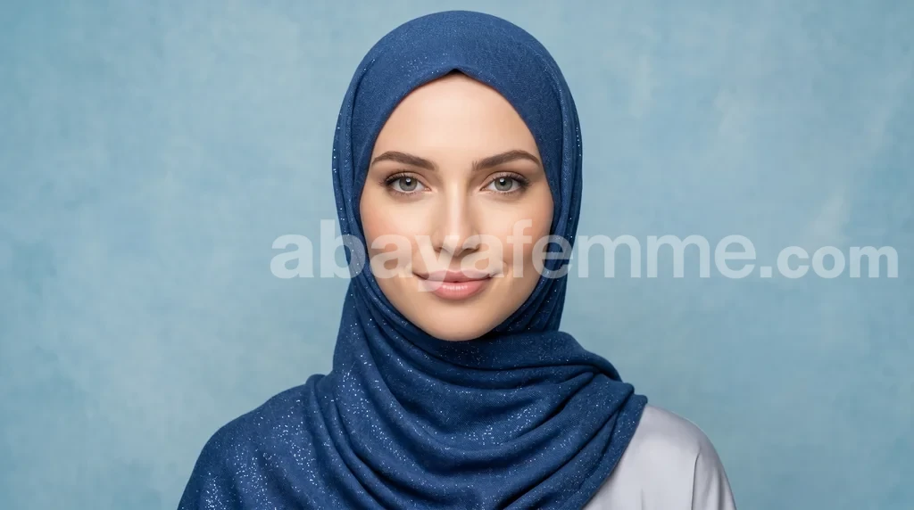 Pashmina Collection Talia Bleu 1 Hijab pashmina bleu en coton pailleté porté avec élégance