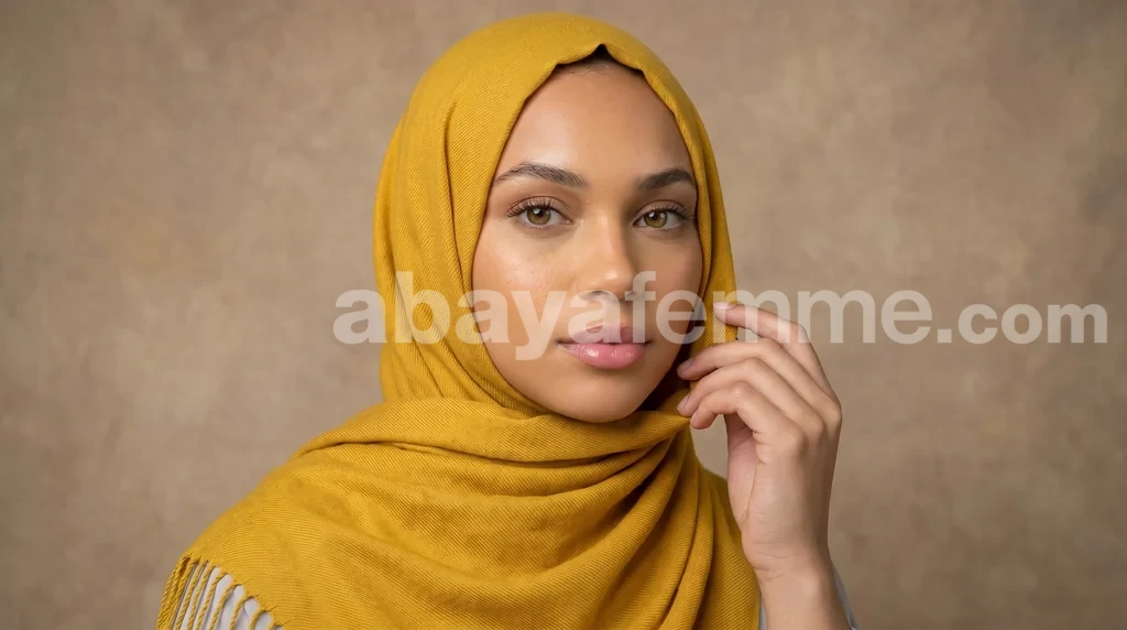 Pashmina Jaune Moutarde Collection Basic 1 Pashmina Jaune Moutarde Collection Basic porté avec élégance