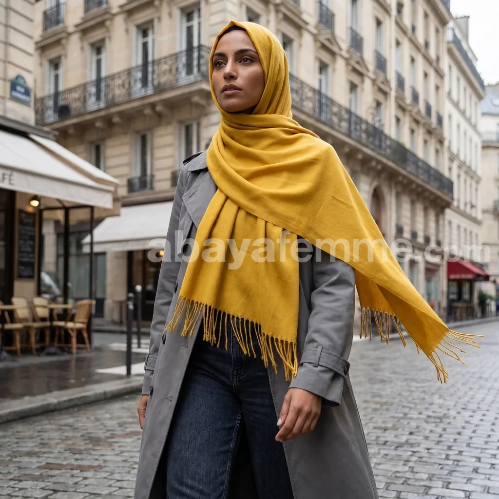 Pashmina Jaune Moutarde Collection Basic 2 Détail du tissu du Pashmina Jaune Moutarde en viscose douce