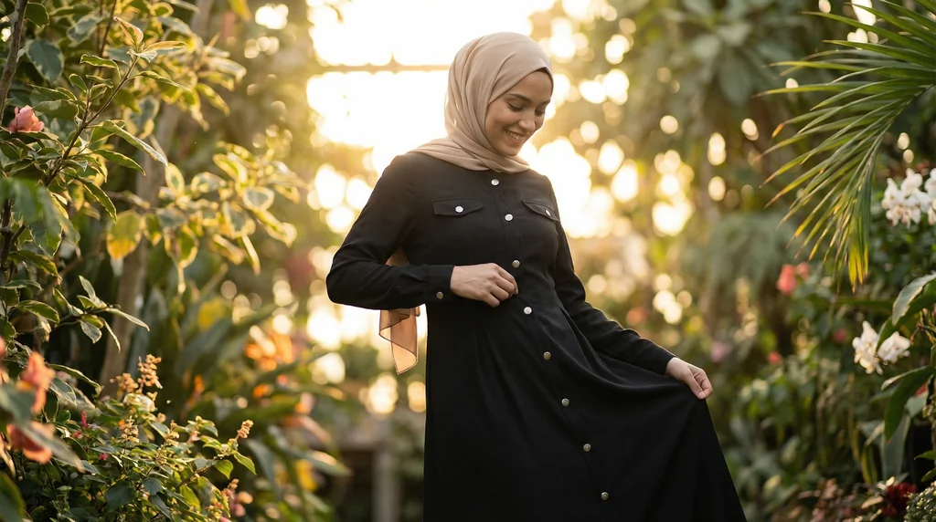 Robe Longue Boutonnée Noir - Garden Photo - Model Style: Hijabi