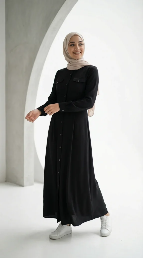 Robe Longue Boutonnée Noir - Minimal Photo - Model Style: Hijabi