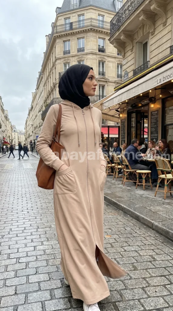 Sweat long femme à Capuche zippé Beige – vue 1