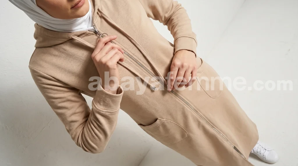 Sweat long femme à Capuche zippé Beige 1 Sweat long femme beige à capuche zippé style mastour et élégant