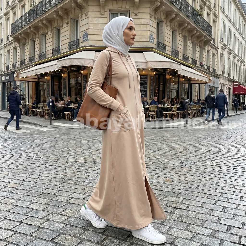 Sweat long femme à Capuche zippé Beige 2 Détail de la fermeture zippée et de la texture du sweat long femme beige