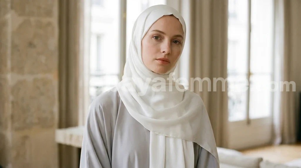 Hijab Soie de Médine blanc porté avec élégance