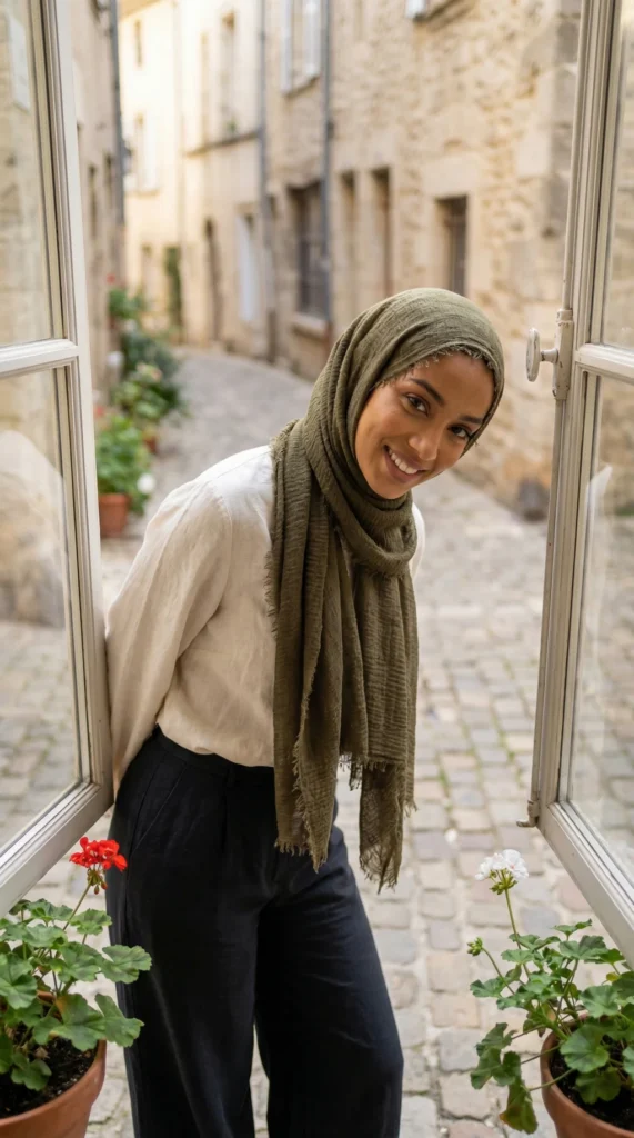 Army Green Crinkled Hijab Basic Collection - Street Photo - Model Style: Hijabi
