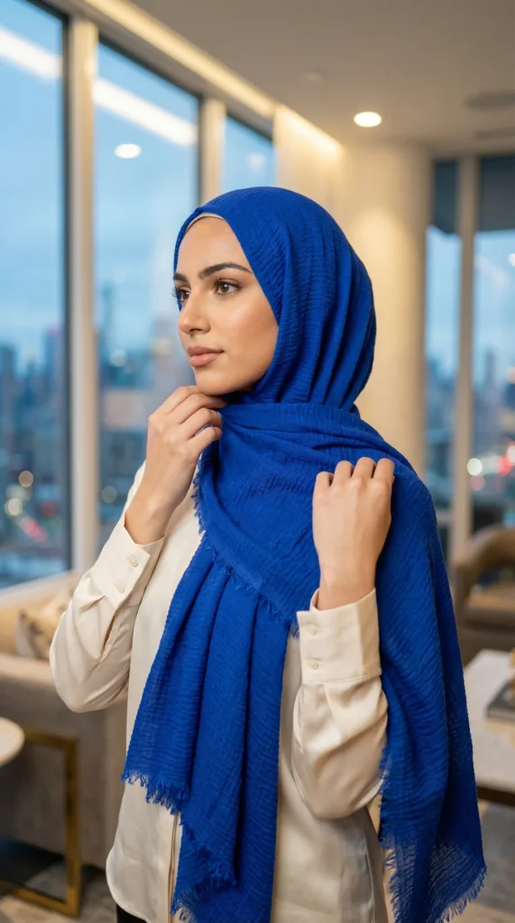 Blue Crinkled Hijab Basic Collection - Luxury Photo - Model Style: Hijabi