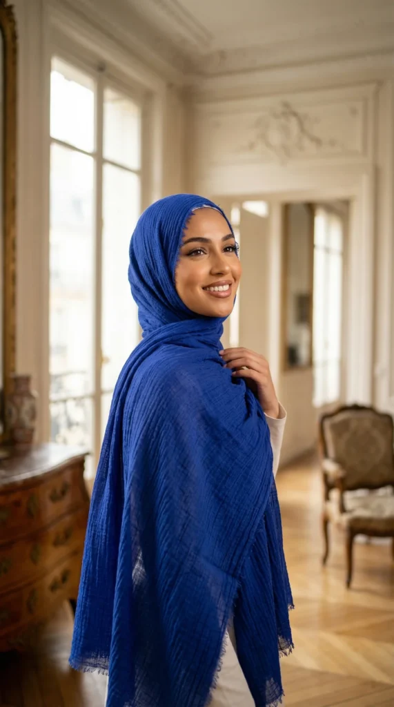 Blue Crinkled Hijab Basic Collection - Luxury Photo - Model Style: Hijabi