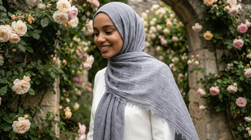 Hijab Froissé Gris 1 Hijab Froissé Gris - Garden Photo - Model Style: Hijabi