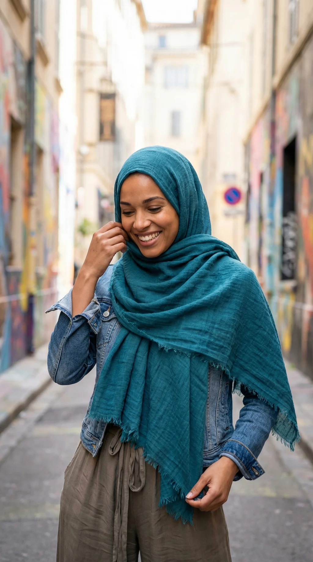 Hijab Froissé Teal - Street Style Hijab Froissé Teal - Street Photo - Model Style: Hijabi