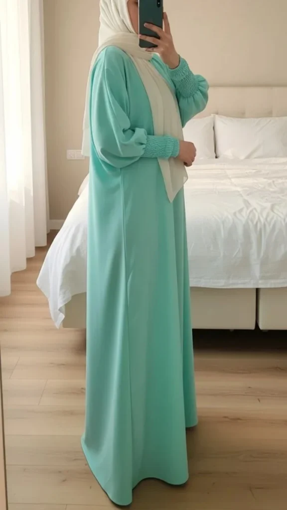 Side view of turquoise Medina silk Abaya