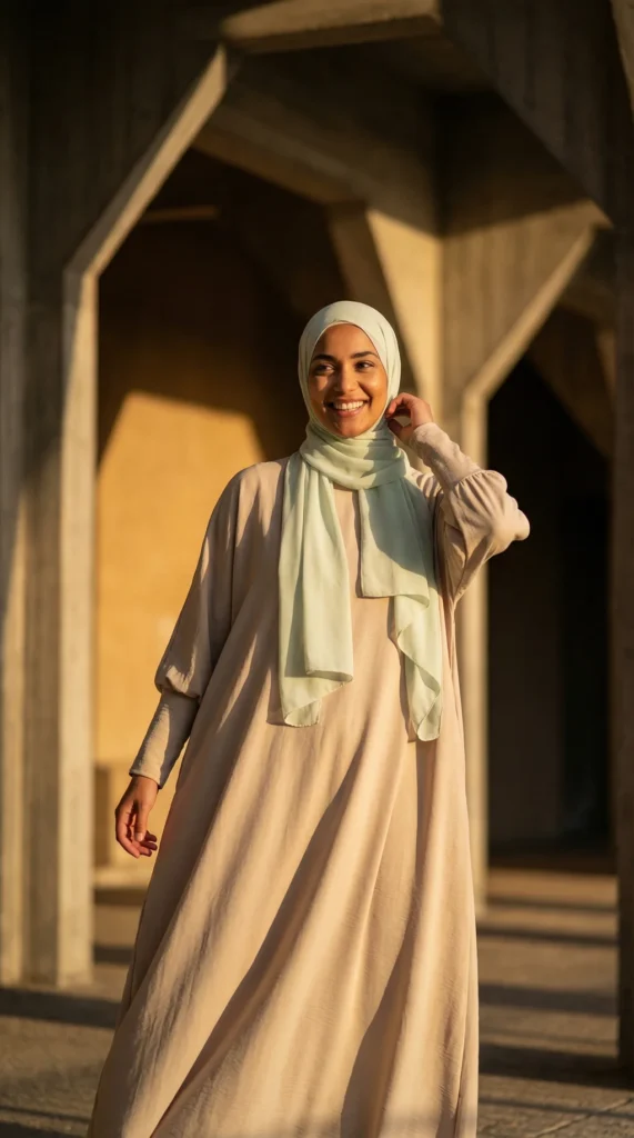 Abaya Soie de Medine Beige - Minimal Photo - Model Style: Hijabi