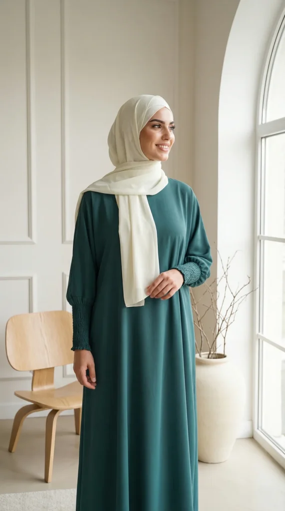 Teal Medina silk Abaya - Minimal Photo - Model Style: Hijabi