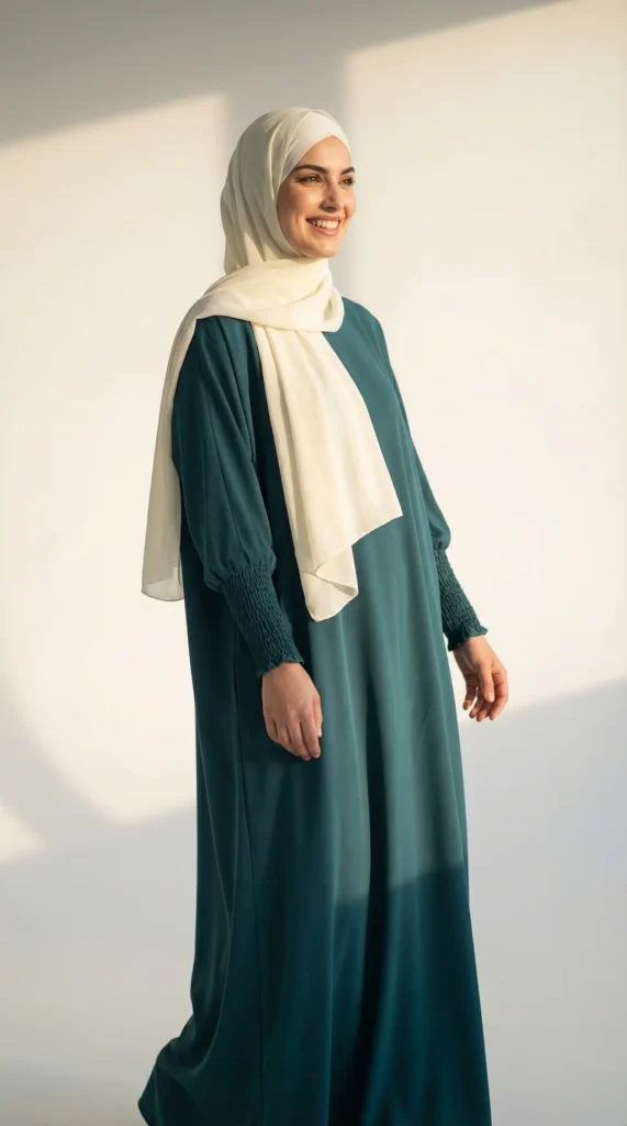 Abaya soie de médine Teal - Studio Photo - Model Style: Hijabi