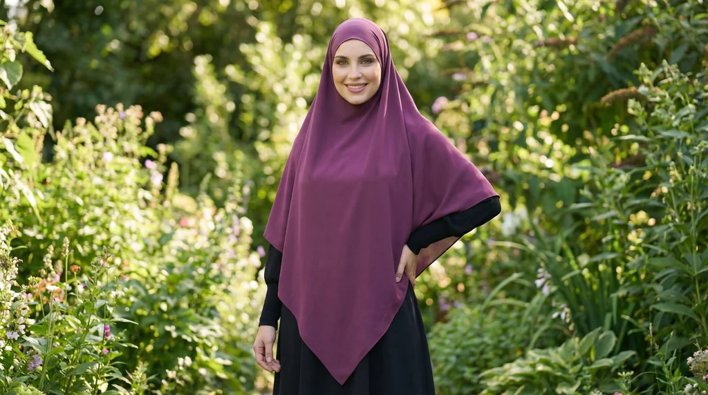 Khimar soie de médine Prune 1 Khimar soie de médine Prune - Garden Photo - Model Style: Hijabi