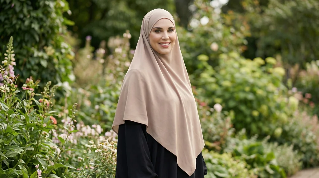 Khimar Soie de medine Taupe 1 Khimar Soie de medine Taupe - Garden Photo - Model Style: Hijabi