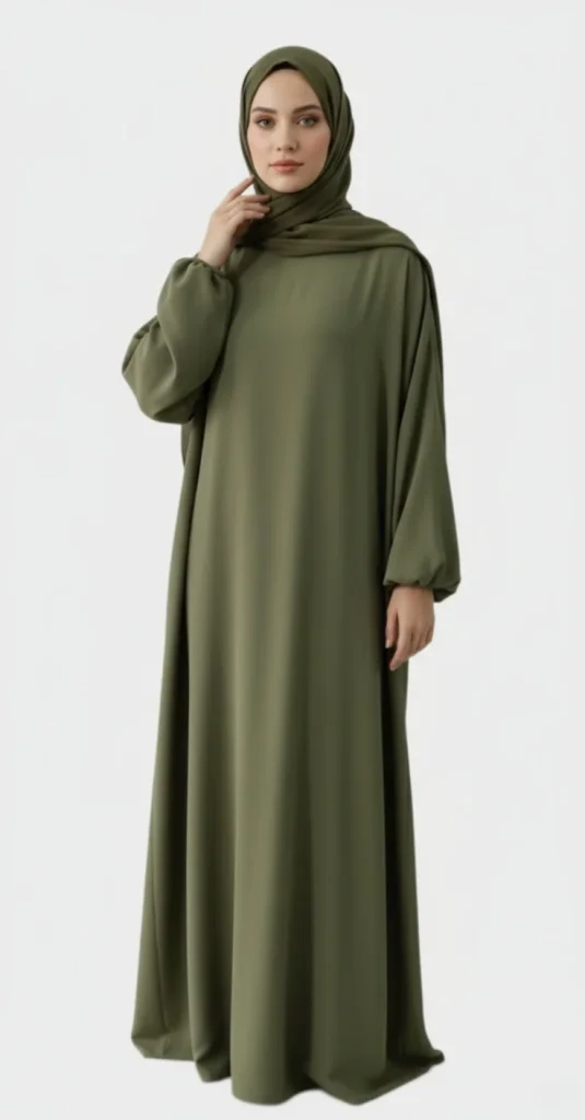Schlichte khakifarbene Abaya mit elastischen Ärmeln