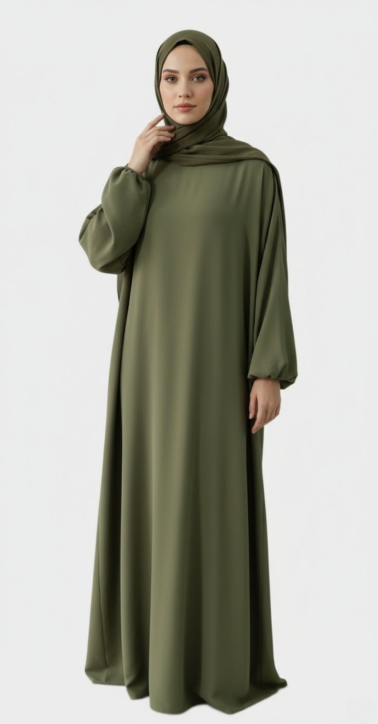 Abaya Kaki Simple manches élastique Abaya Kaki Simple manches élastique