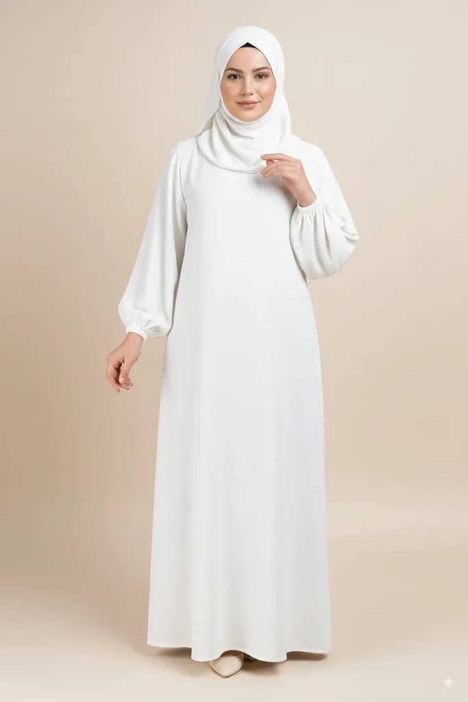 Simple White Abaya with Elasticated Sleeves