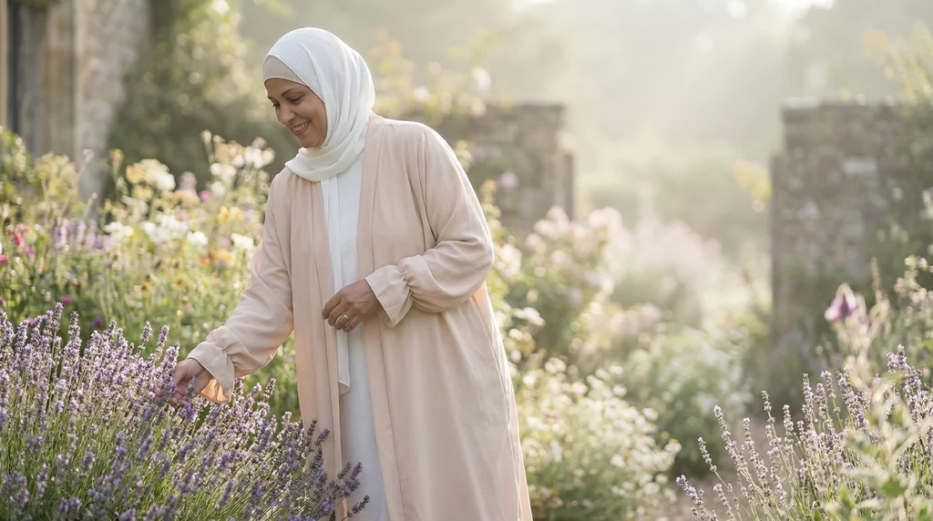 Kimono Beige en Soie de Médine - Garden Photo - Model Style: Hijabi