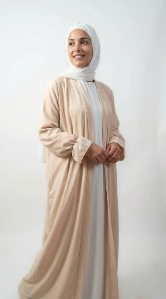Kimono Beige en Soie de Médine - Studio Photo - Model Style: Hijabi