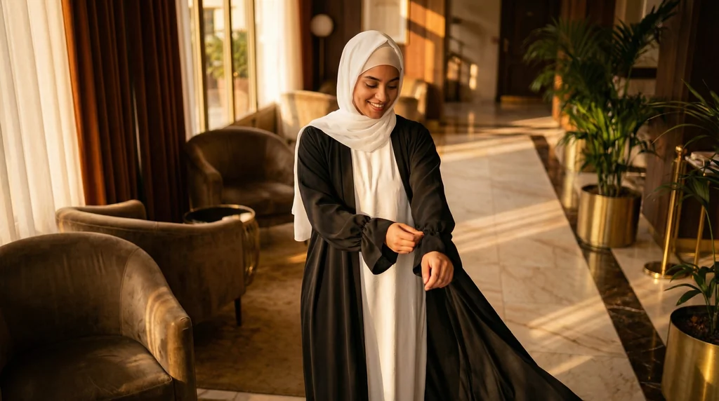 Kimono Noir en Soie de Médine 1 Kimono Noir en Soie de Médine - Lifestyle Photo - Model Style: Hijabi