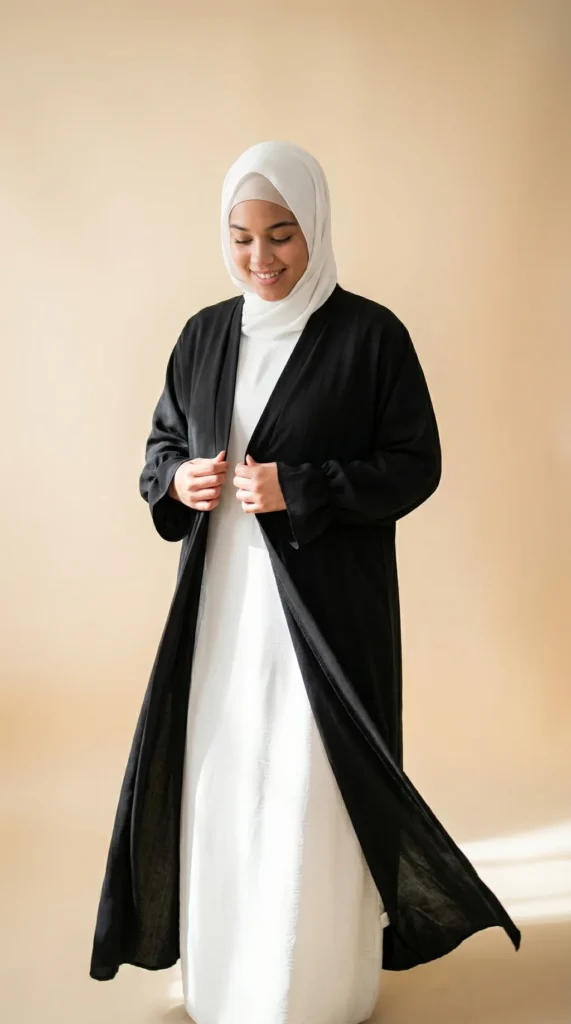 Black Medina Silk Kimono - Minimal Photo - Model Style: Hijabi