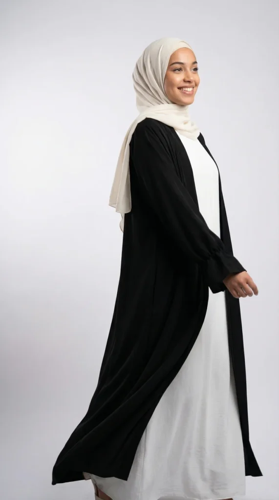 Black Medina Silk Kimono - Studio Photo - Model Style: Hijabi