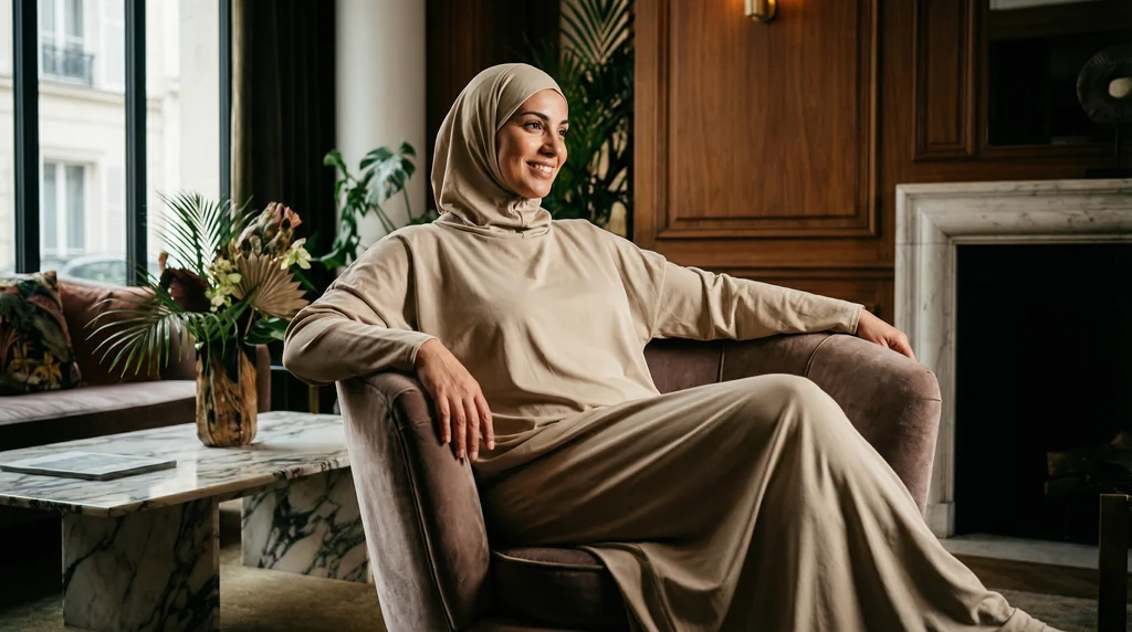 Robe De Prière Beige en soie de medine 1 Robe De Prière Beige en soie de medine - Lifestyle Photo - Model Style: Hijabi