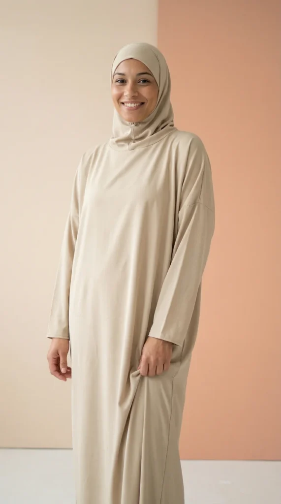 Robe De Prière Beige en soie de medine - Minimal Photo - Model Style: Hijabi
