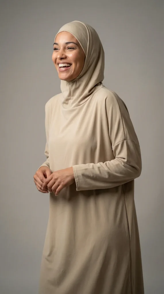Beige Medina Silk Prayer Dress - Studio Photo - Model Style: Hijabi