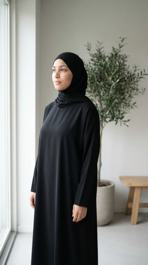 Robe De Prière Noire en soie de medine - Minimal Photo - Model Style: Hijabi