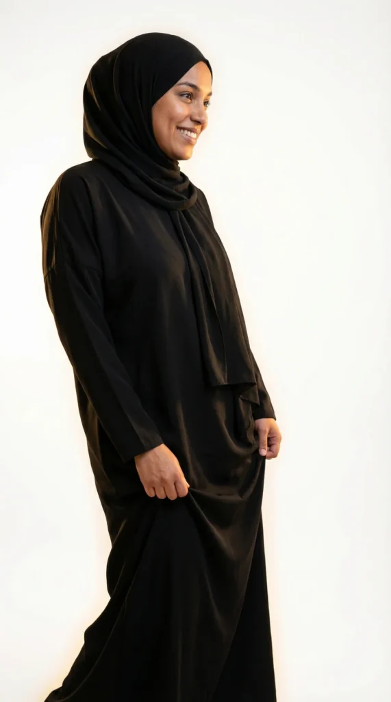 Black Medina Silk Prayer Dress - Studio Photo - Model Style: Hijabi