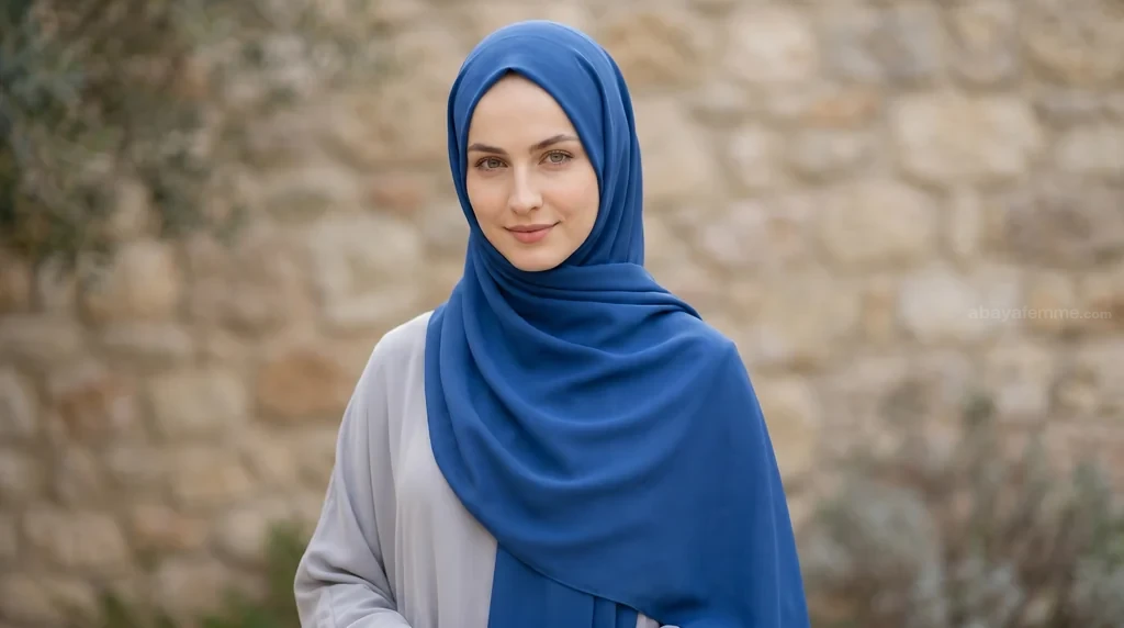 Hijab Soie de Médine Bleu 1 Hijab soie de médine bleu élégant porté par une femme musulmane