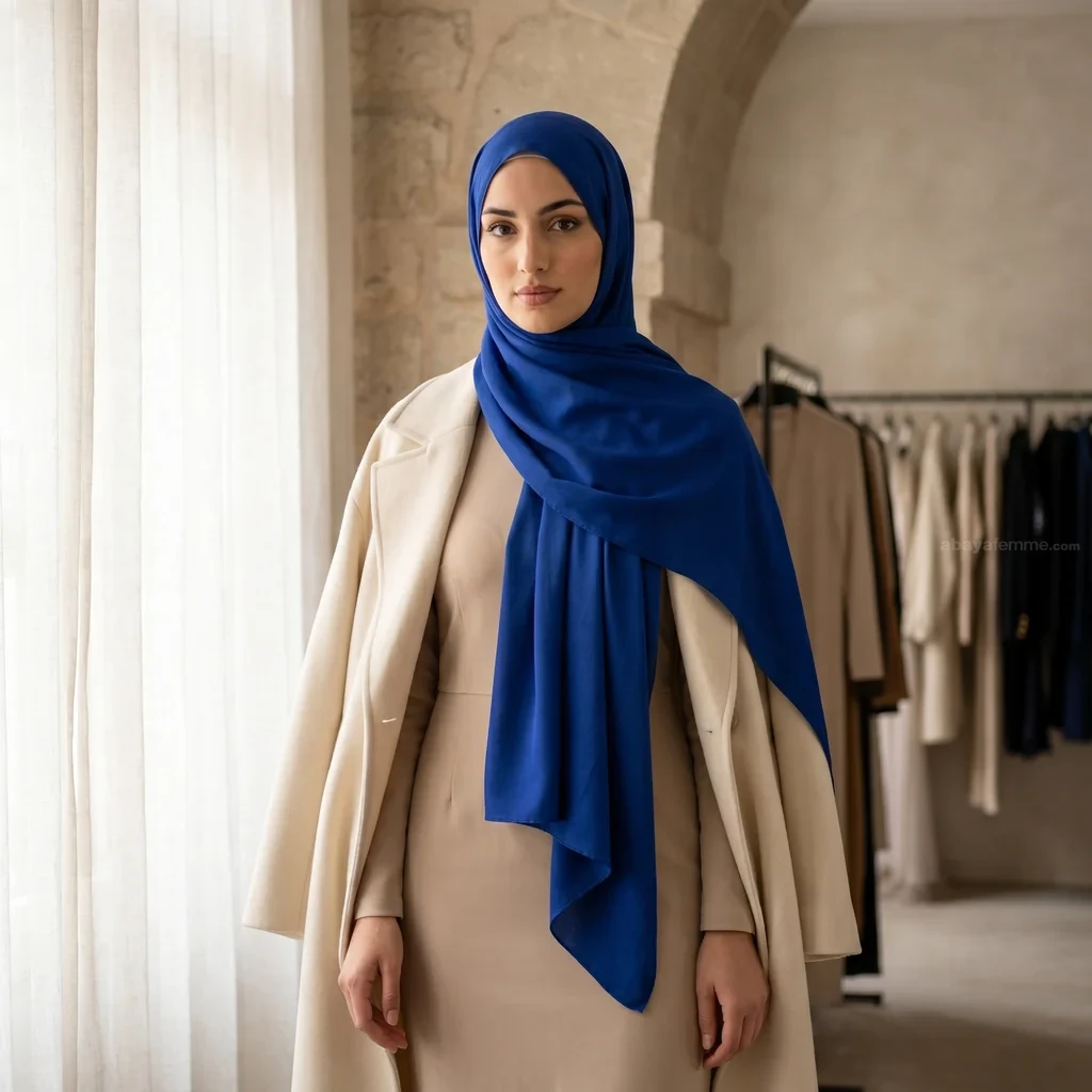 Hijab Soie de Médine Bleu 2 Détail du tissu hijab soie de medine bleu montrant sa fluidité
