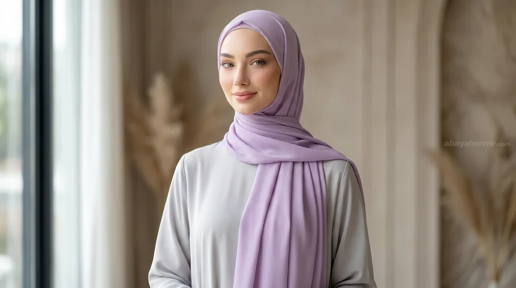 Hijab Soie de Médine Lilas 1 Femme portant le hijab soie de medine lilas avec élégance