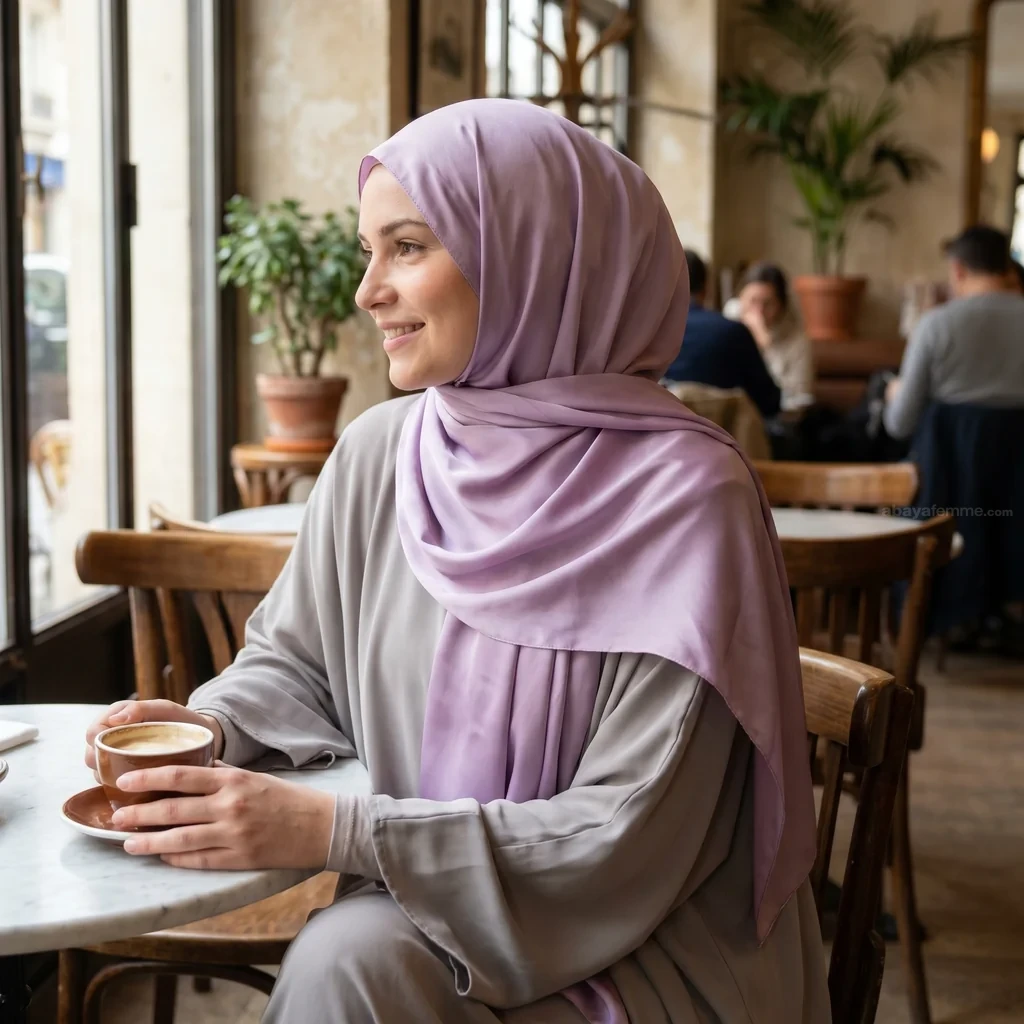 Hijab Soie de Médine Lilas 2 Détail du tissu et du drapé du hijab soie de medine lilas
