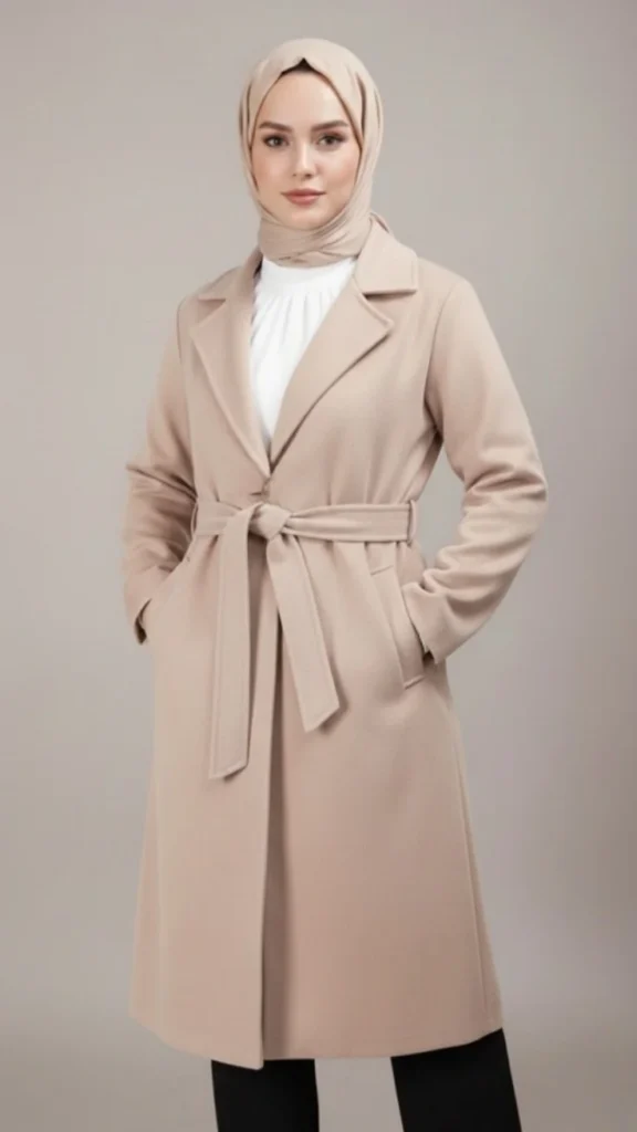 Cappotto lungo da donna beige con cintura