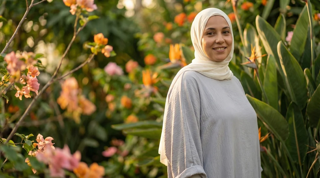 Abaya Papillon Grise 1 Abaya Papillon Grise - Garden Photo - Model Style: Hijabi