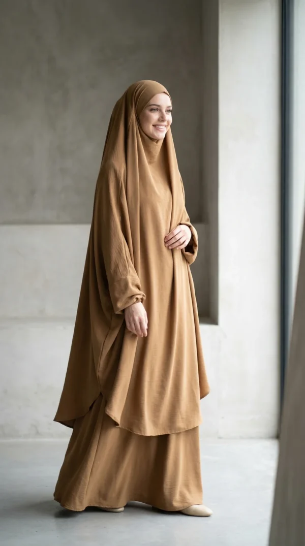 Jilbab vrouwen 2-delige Camel met rok - Minimal Foto - Modelstijl: Hijabi