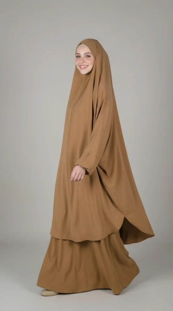 Damen Jilbab 2-teilig Camel mit Rock - Studio Foto - Model-Stil: Hijabi