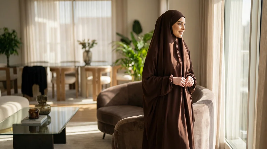 Jilbeb femme 2 pièces Marron avec Jupe 1 Jilbeb femme 2 pièces Marron avec Jupe - Lifestyle Photo - Model Style: Hijabi