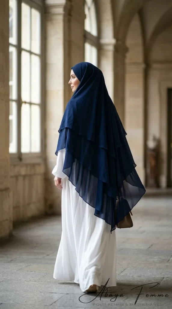 Navy Blue 3-Veil Khimar - Back_view Photo - Model Style: Hijabi