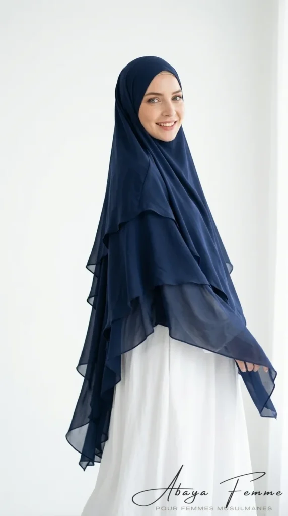 Navy Blue 3-Veil Khimar - Studio Photo - Model Style: Hijabi