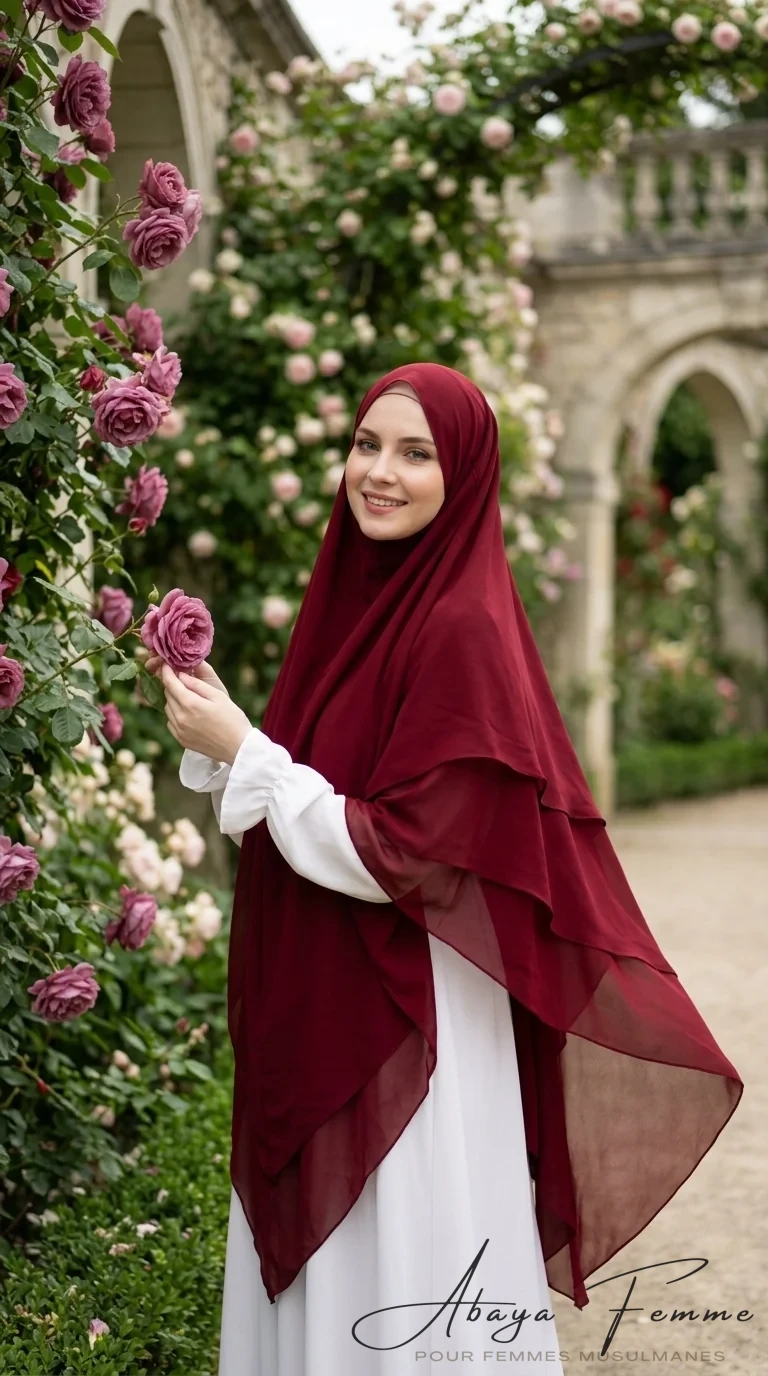 Khimar 3 Voiles Bordeaux - Garden Photo - Model Style: Hijabi